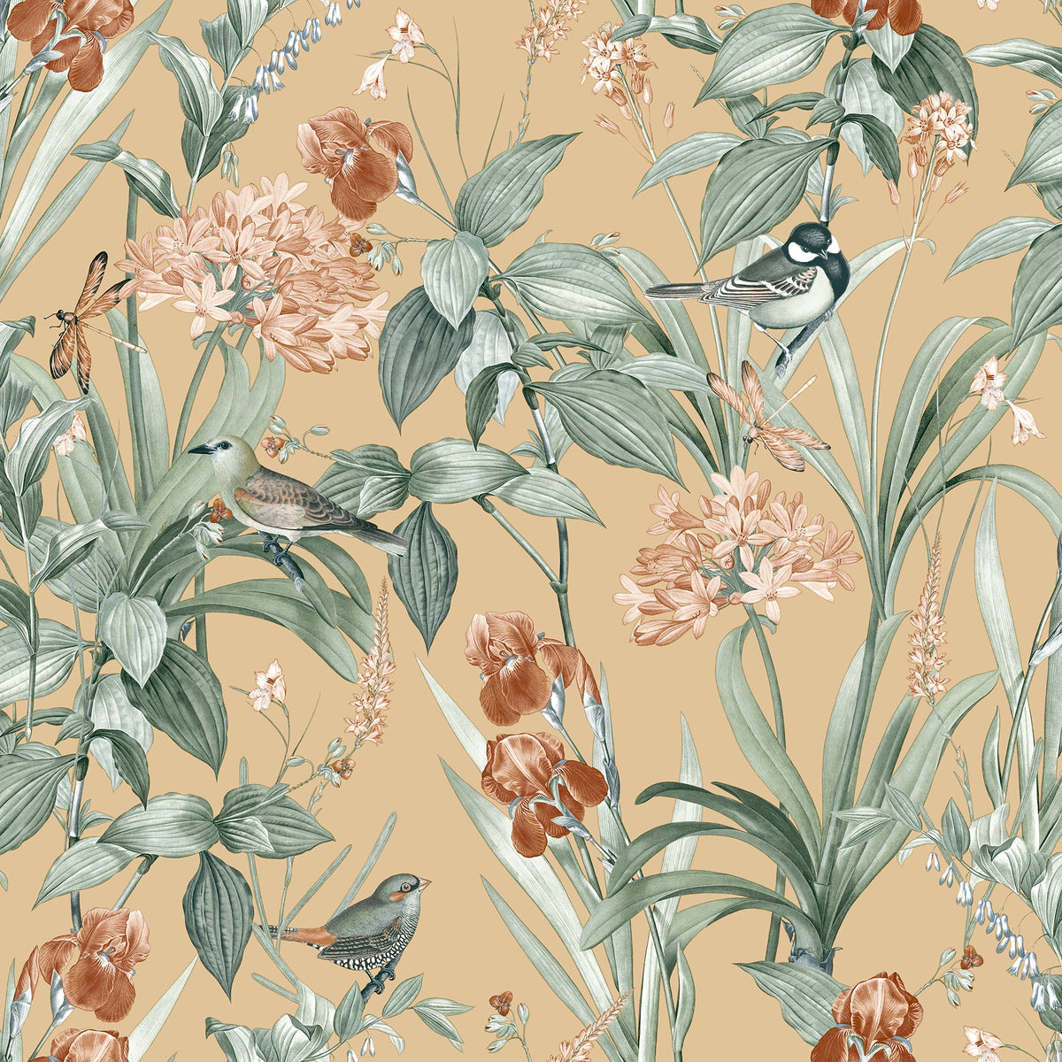 Mint Birds And Dragonflies Botanical Wallpaper - Ocher Ground pattern