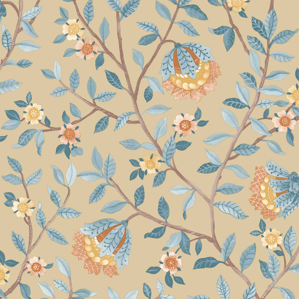 Vintage Botanical Blooms Wallpaper - Blue and Yellow pattern
