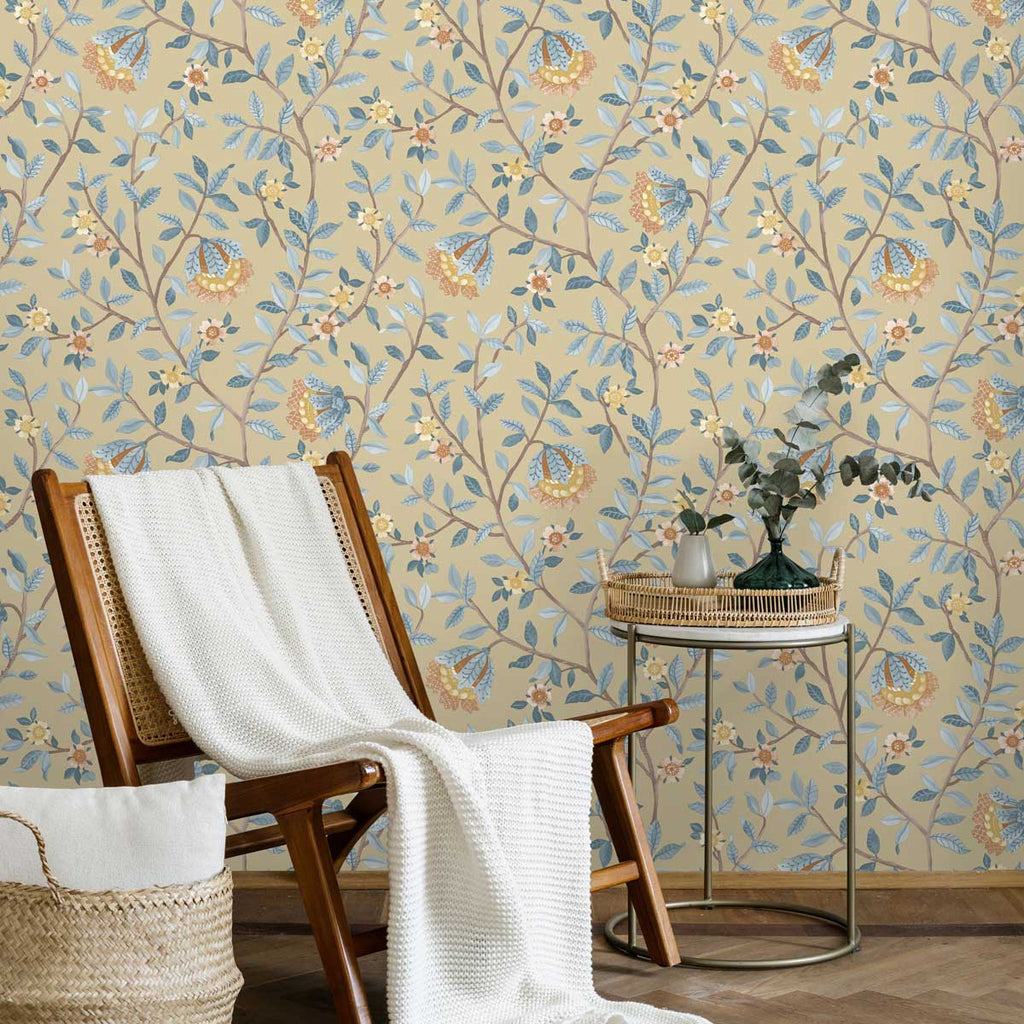 Vintage Botanical Blooms Wallpaper - Blue and Yellow room view