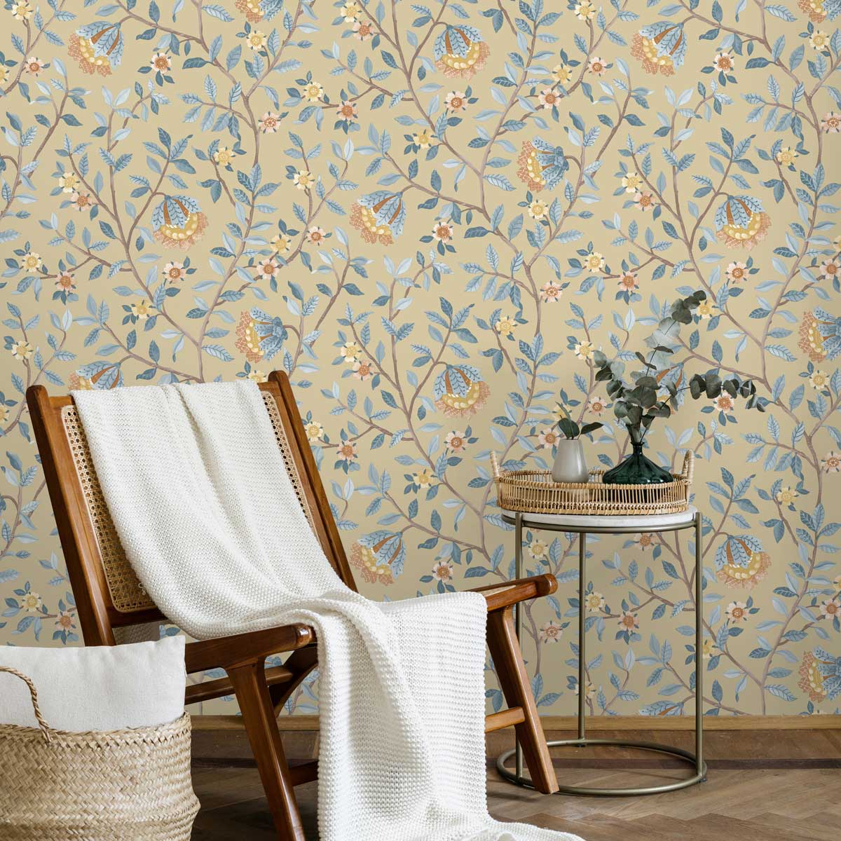 Vintage Botanical Blooms Wallpaper - Blue and Yellow room view
