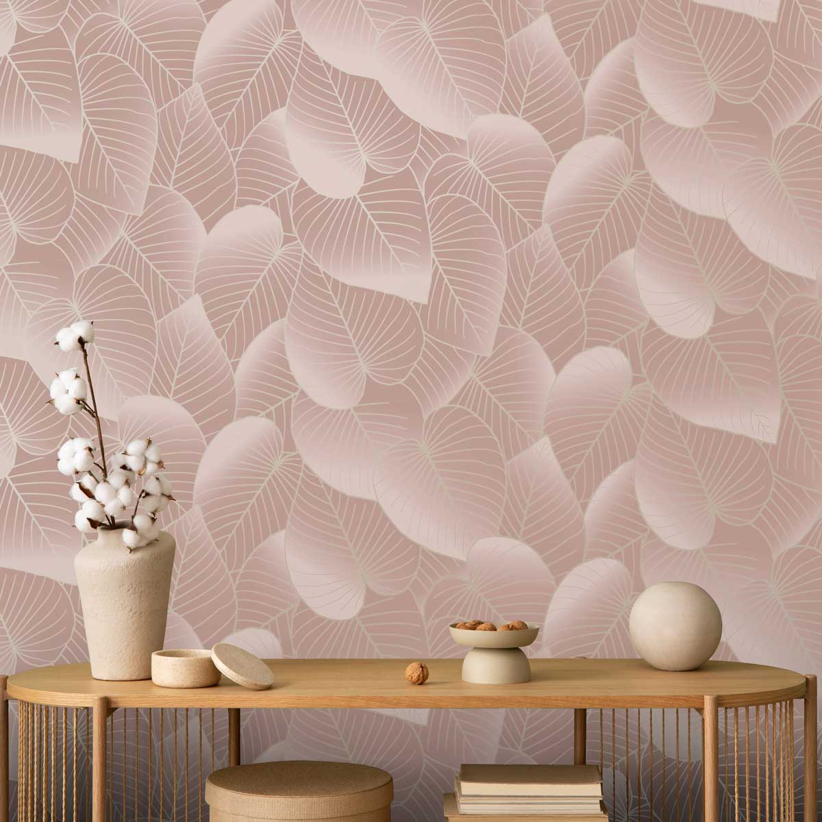 Graphic Leaves Wallpaper - Blush room view
