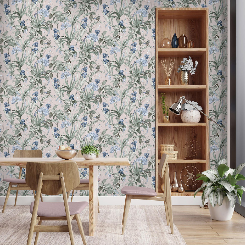 Mint Birds And Dragonflies Botanical Wallpaper - Pink room view