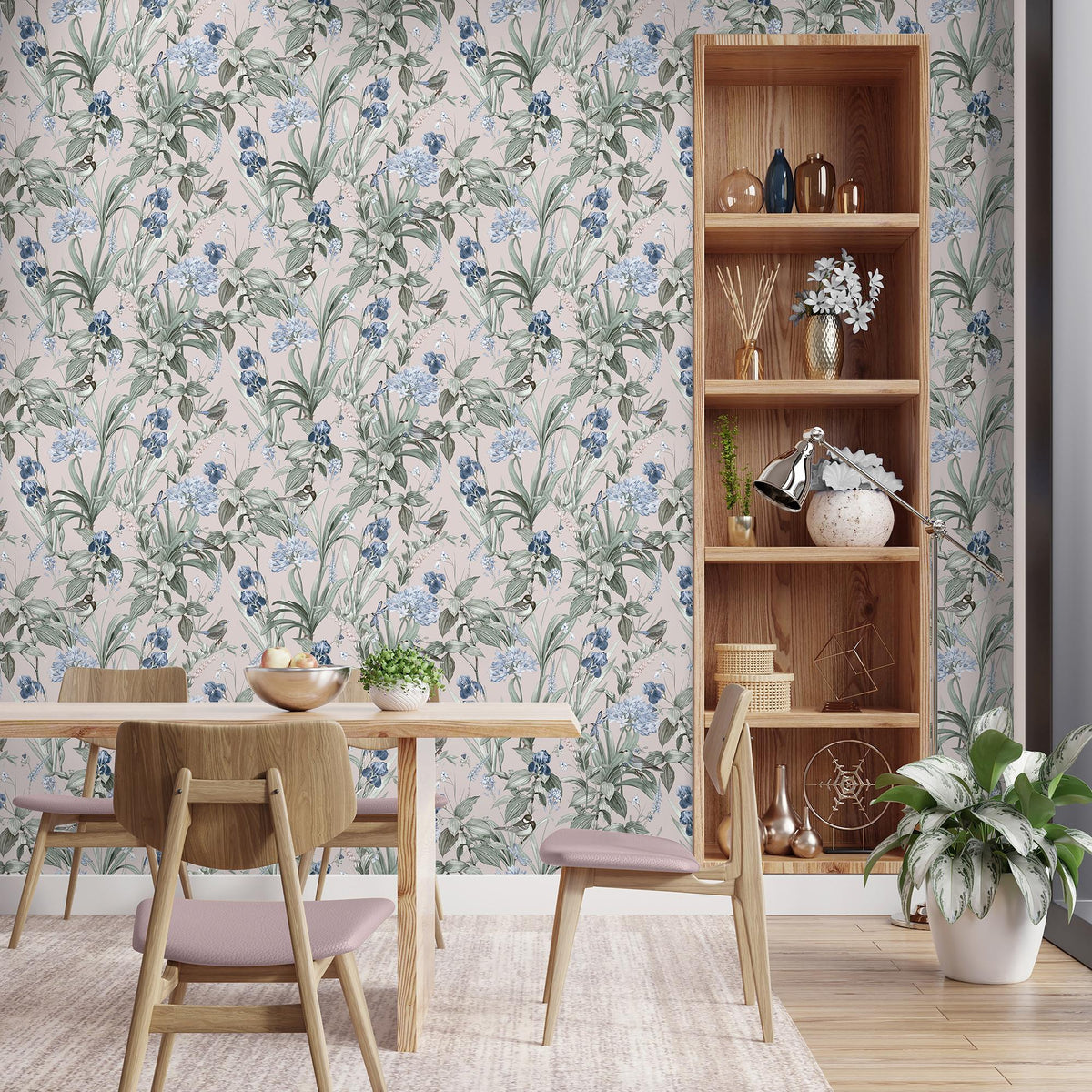 Mint Birds And Dragonflies Botanical Wallpaper - Pink room view