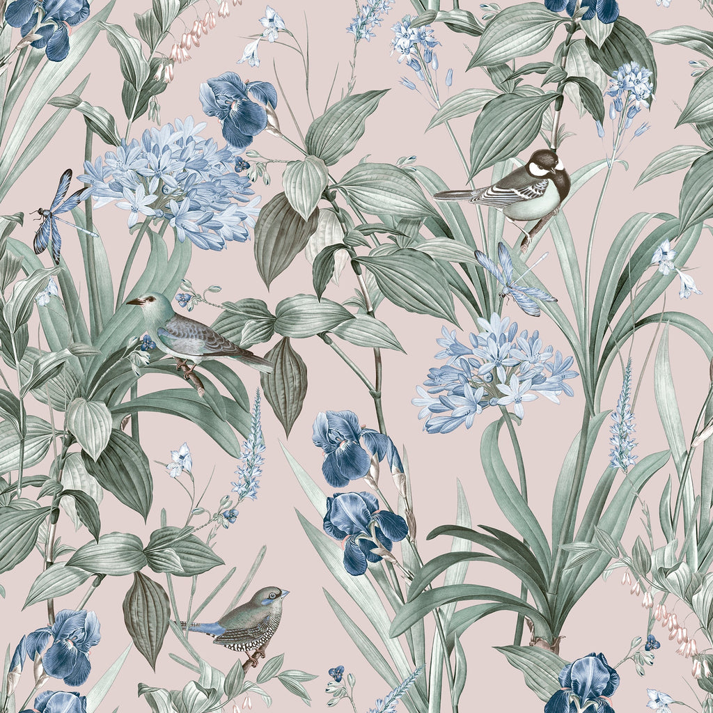 Mint Birds And Dragonflies Botanical Wallpaper - Pink pattern