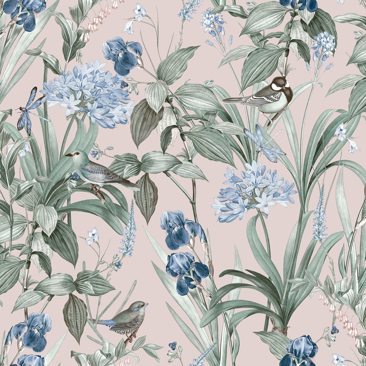 Mint Birds And Dragonflies Botanical Wallpaper - Pink pattern