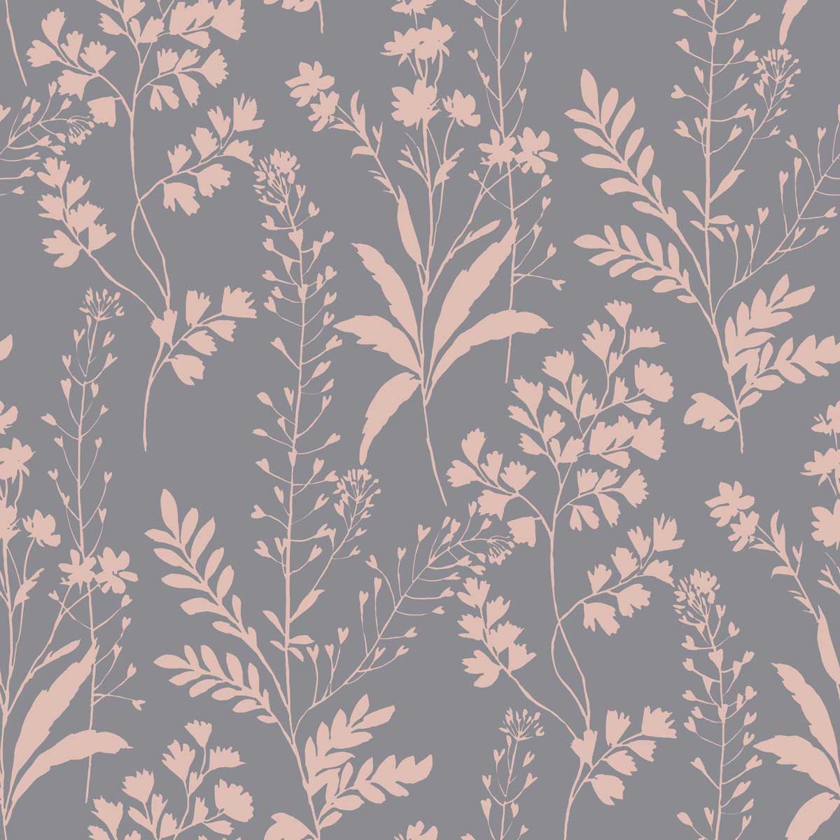 Wildflower Silhouettes Wallpaper - Pink on Black pattern