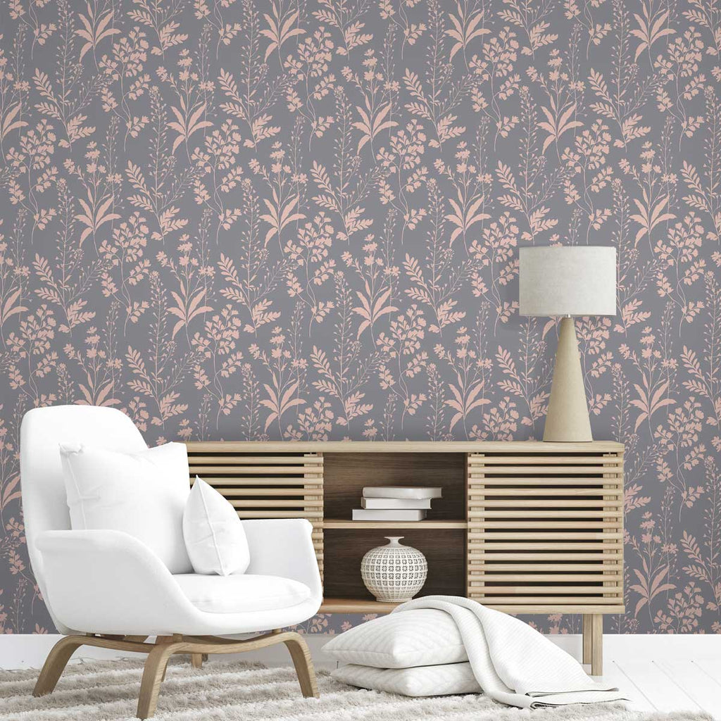 Wildflower Silhouettes Wallpaper - Pink on Black room view