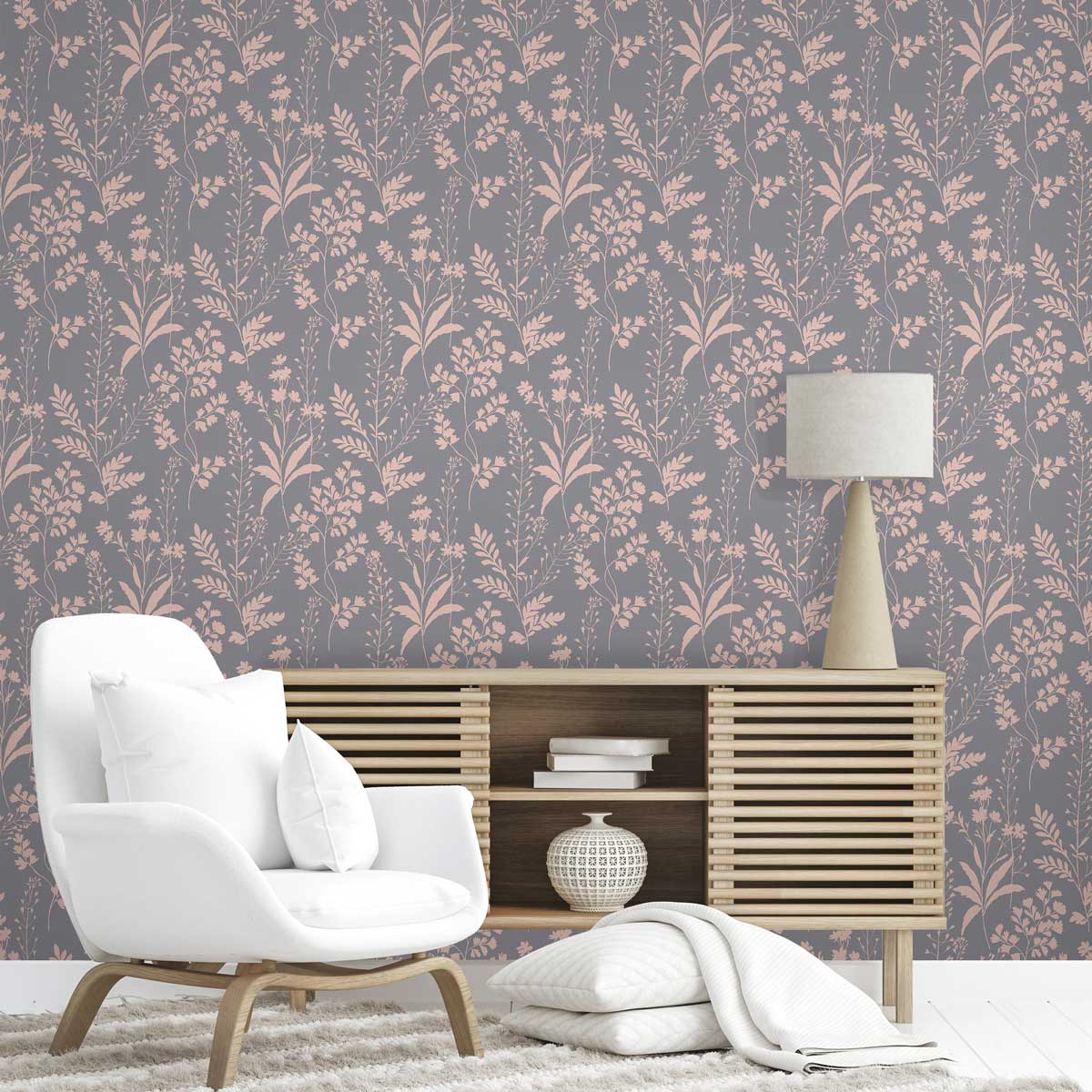 Wildflower Silhouettes Wallpaper - Pink on Black room view