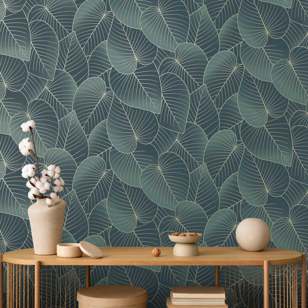 Graphic Leaves Wallpaper - Dark Green room view