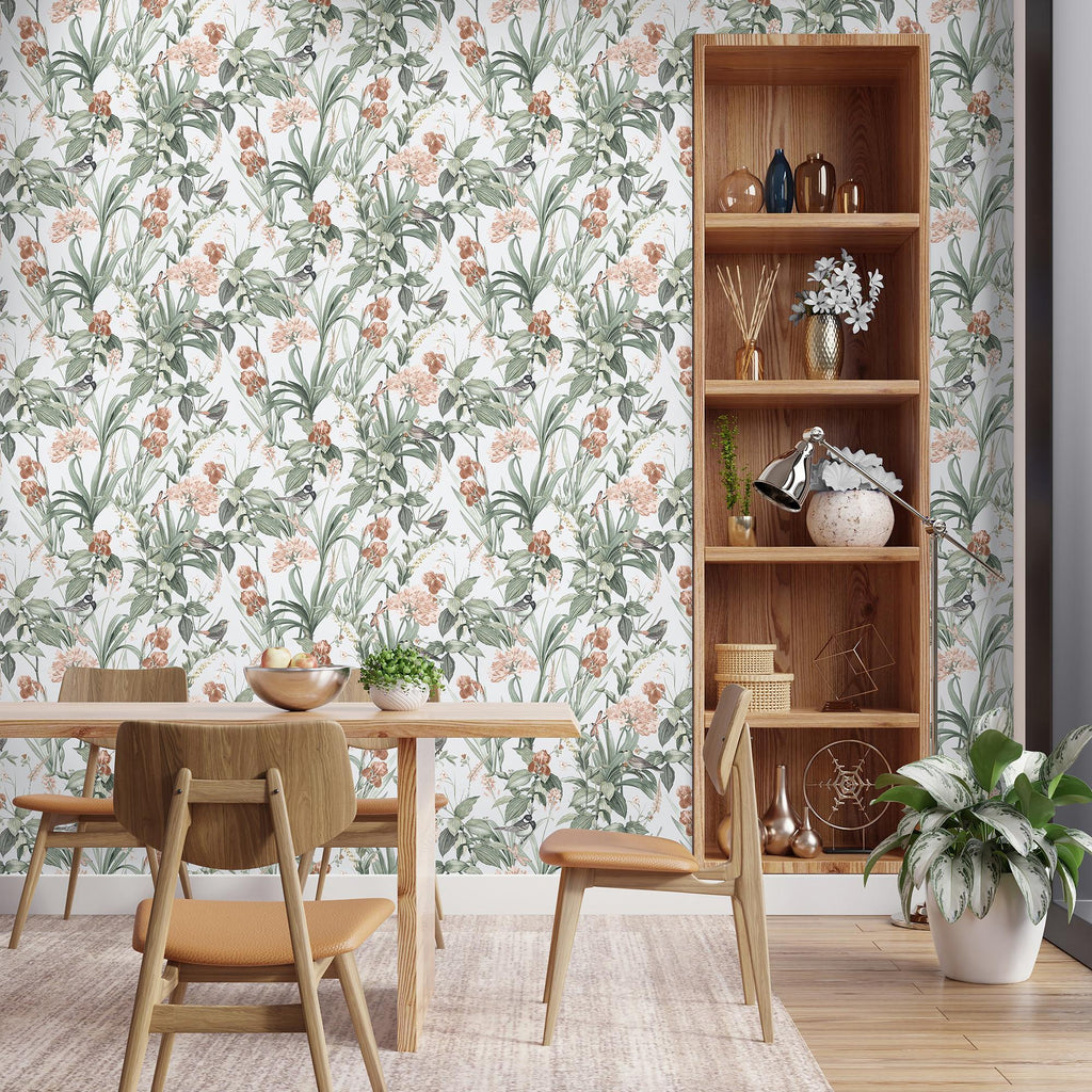 Mint Birds And Dragonflies Botanical Wallpaper - Light Green Ground room view