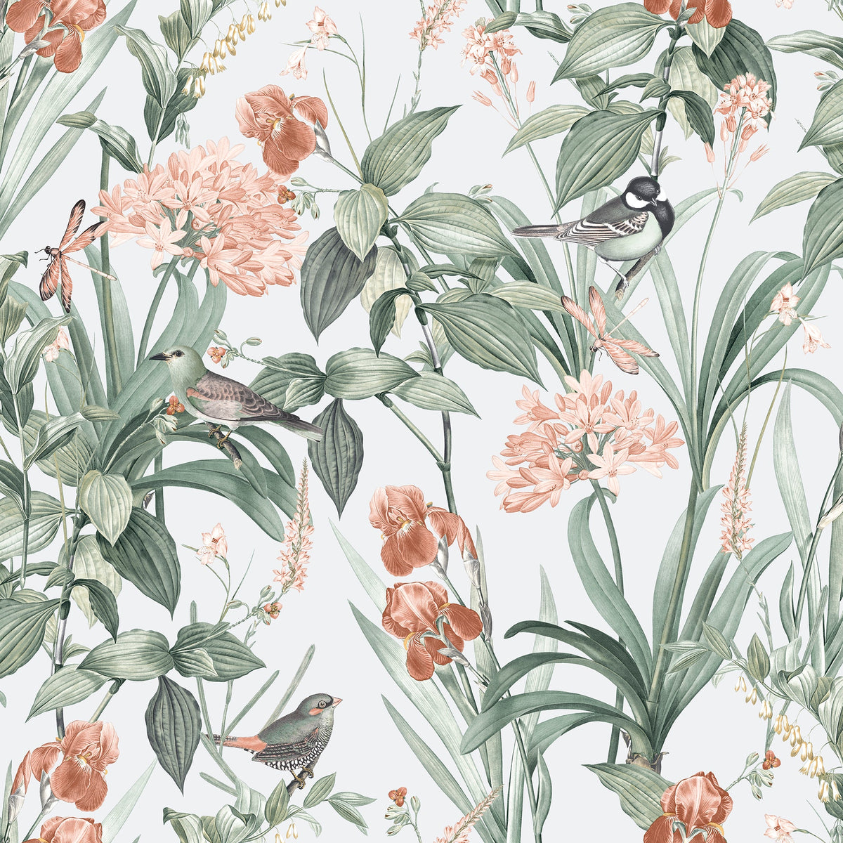 Mint Birds And Dragonflies Botanical Wallpaper - Light Green Ground pattern