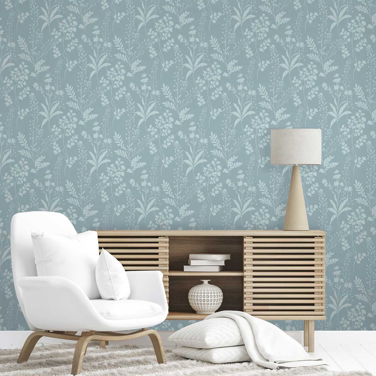Wildflower Silhouettes Wallpaper - Turquoise Blue room view
