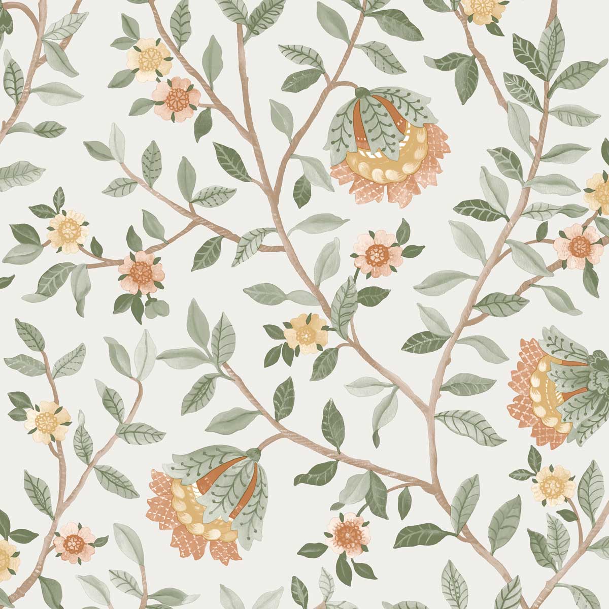 Vintage Botanical Blooms Wallpaper - Green and Pink pattern