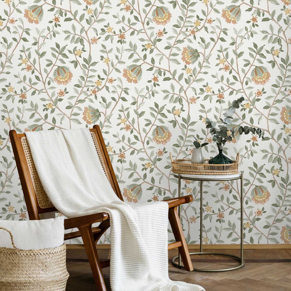 Vintage Botanical Blooms Wallpaper - Green and Pink room view