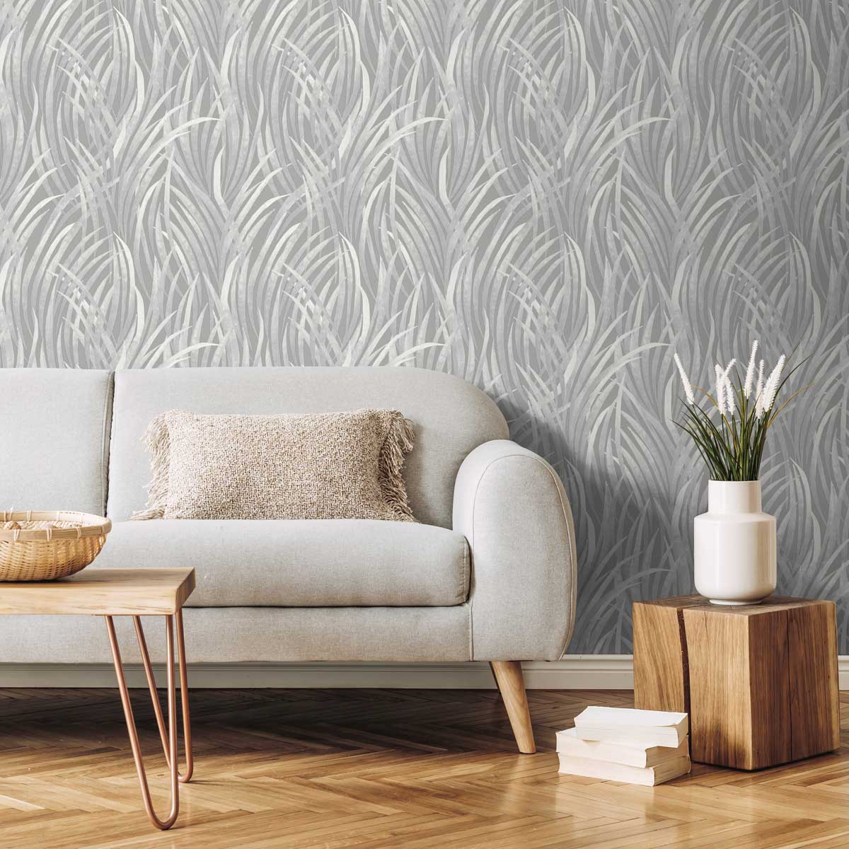 Adelia Tall Grass Wallpaper - Grey room view