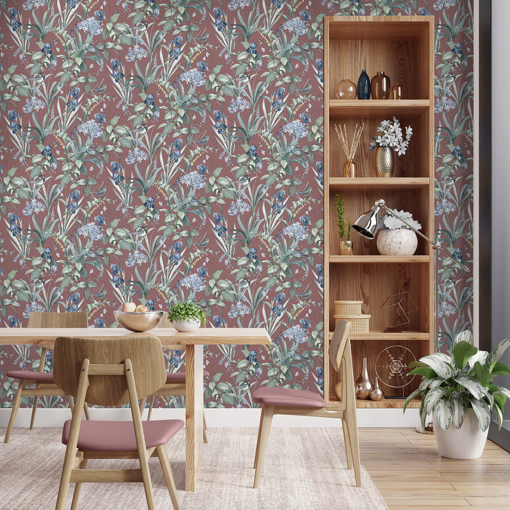 Mint Birds And Dragonflies Botanical Wallpaper - Red room view