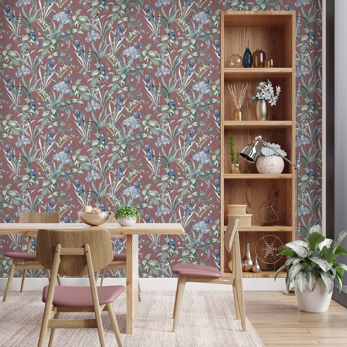 Mint Birds And Dragonflies Botanical Wallpaper - Red room view