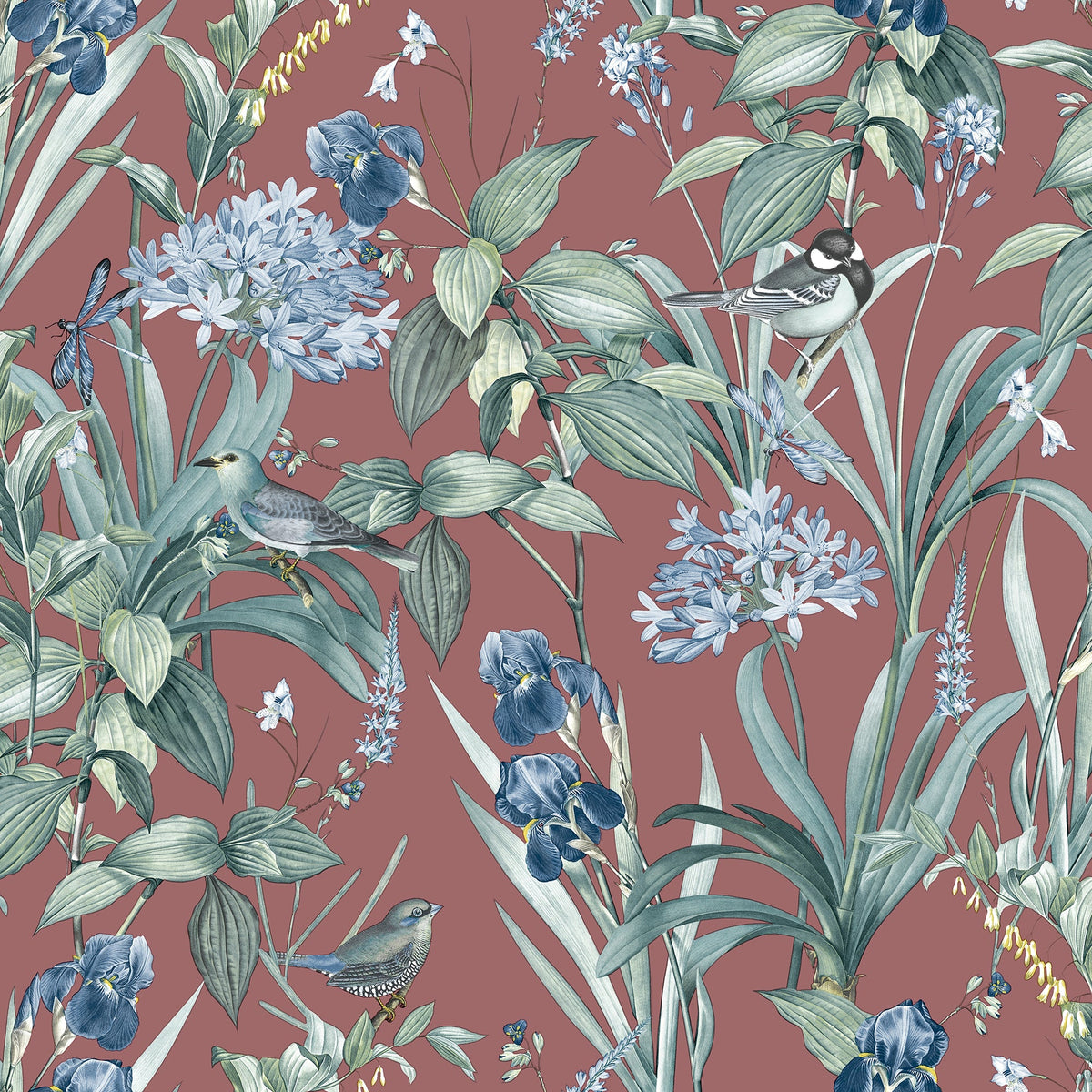 Mint Birds And Dragonflies Botanical Wallpaper - Red pattern