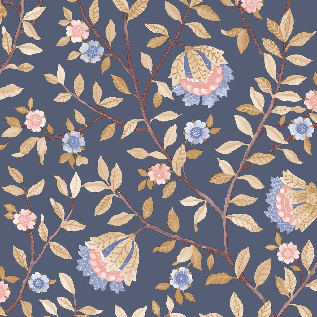 Vintage Botanical Blooms Wallpaper - Navy pattern