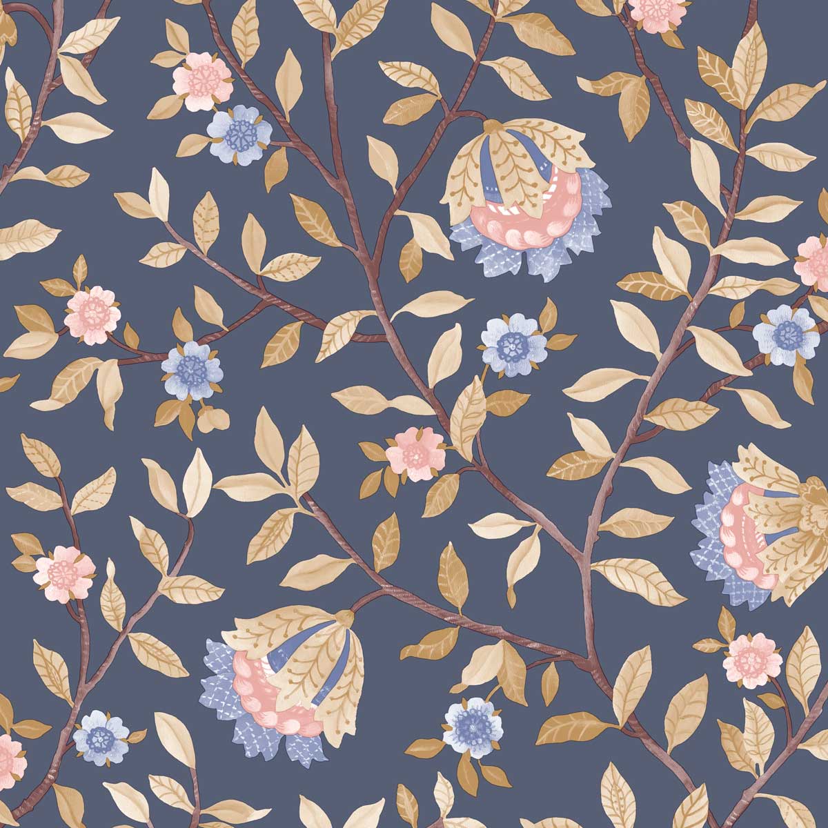 Vintage Botanical Blooms Wallpaper - Navy pattern