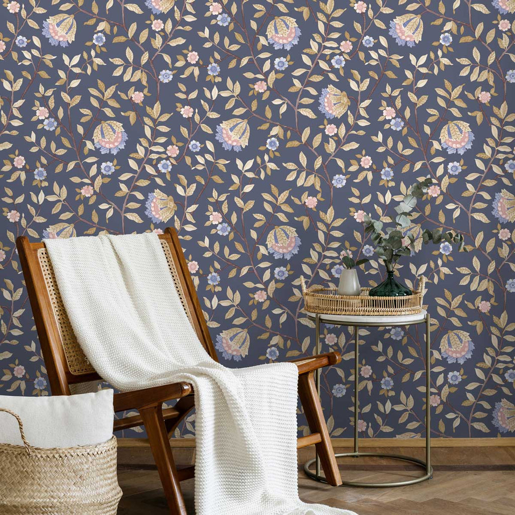 Vintage Botanical Blooms Wallpaper - Navy room view