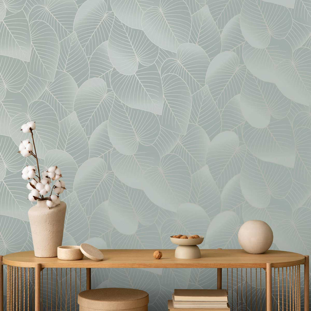 Graphic Leaves Wallpaper - Light Green room view