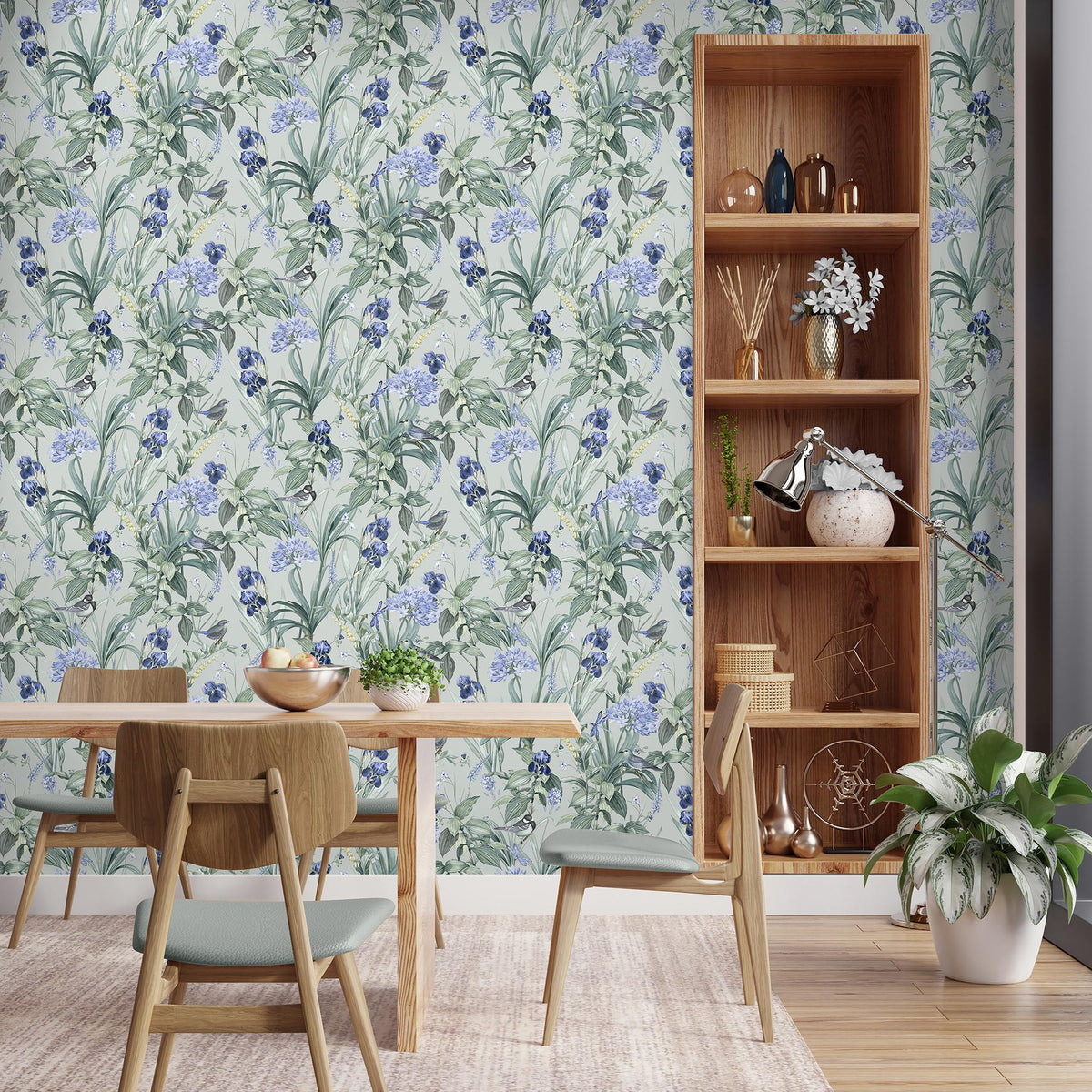 Mint Birds And Dragonflies Botanical Wallpaper - Celadon Green room view
