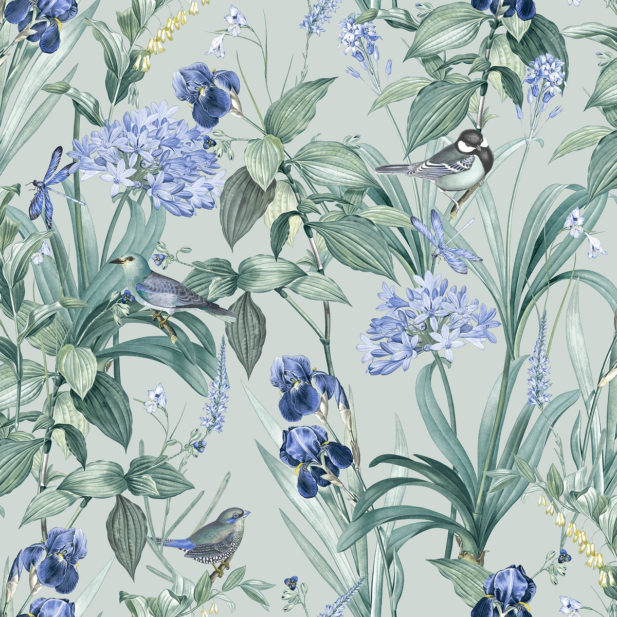 Mint Birds And Dragonflies Botanical Wallpaper - Celadon Green pattern