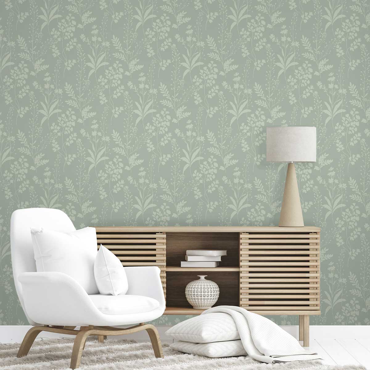 Wildflower Silhouettes Wallpaper - Pale Green room view