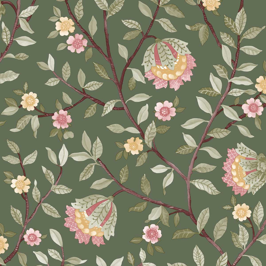 Vintage Botanical Blooms Wallpaper - Forest Green pattern