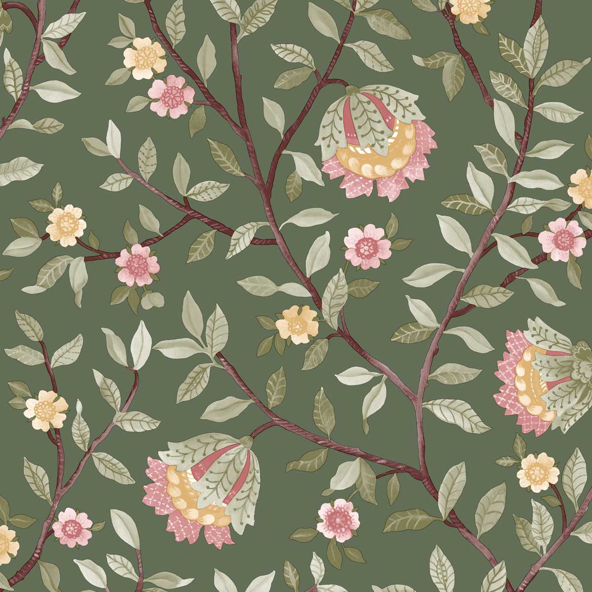 Vintage Botanical Blooms Wallpaper - Forest Green pattern