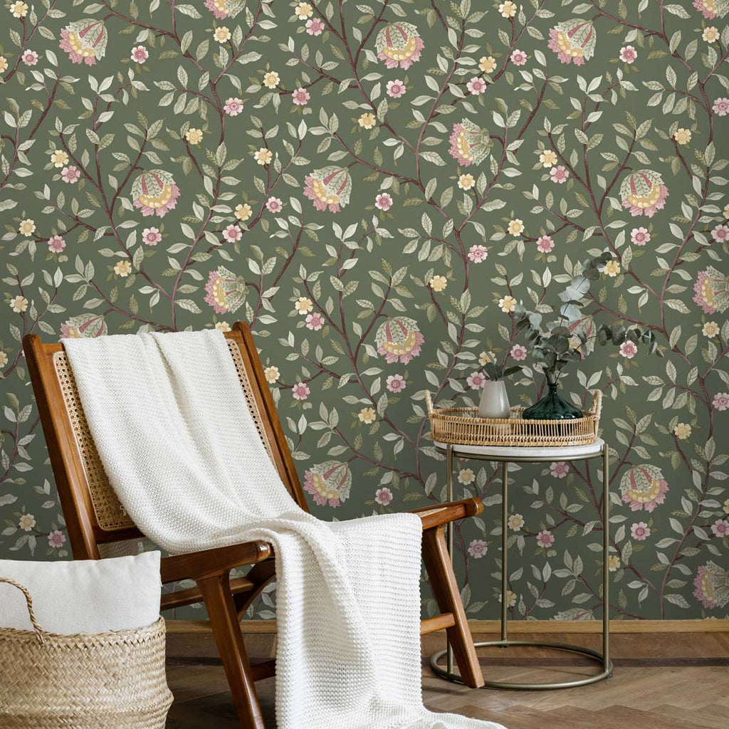 Vintage Botanical Blooms Wallpaper - Forest Green room view