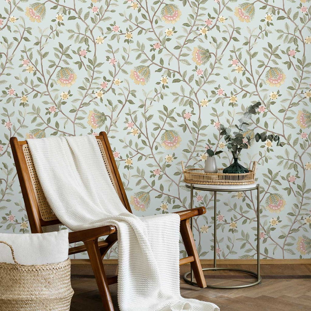 Vintage Botanical Blooms Wallpaper - Green room view