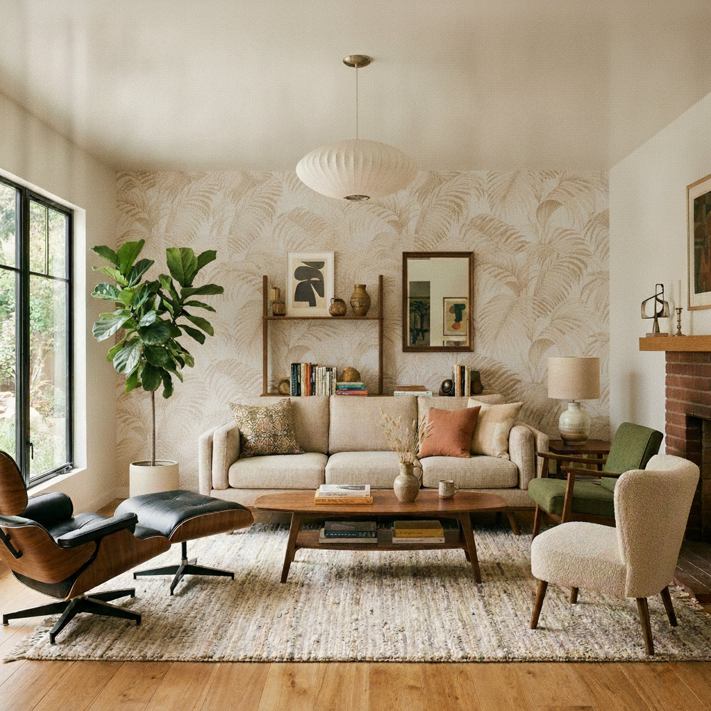 Sculpted Tropical Leaf Wallpaper - Taupe room view