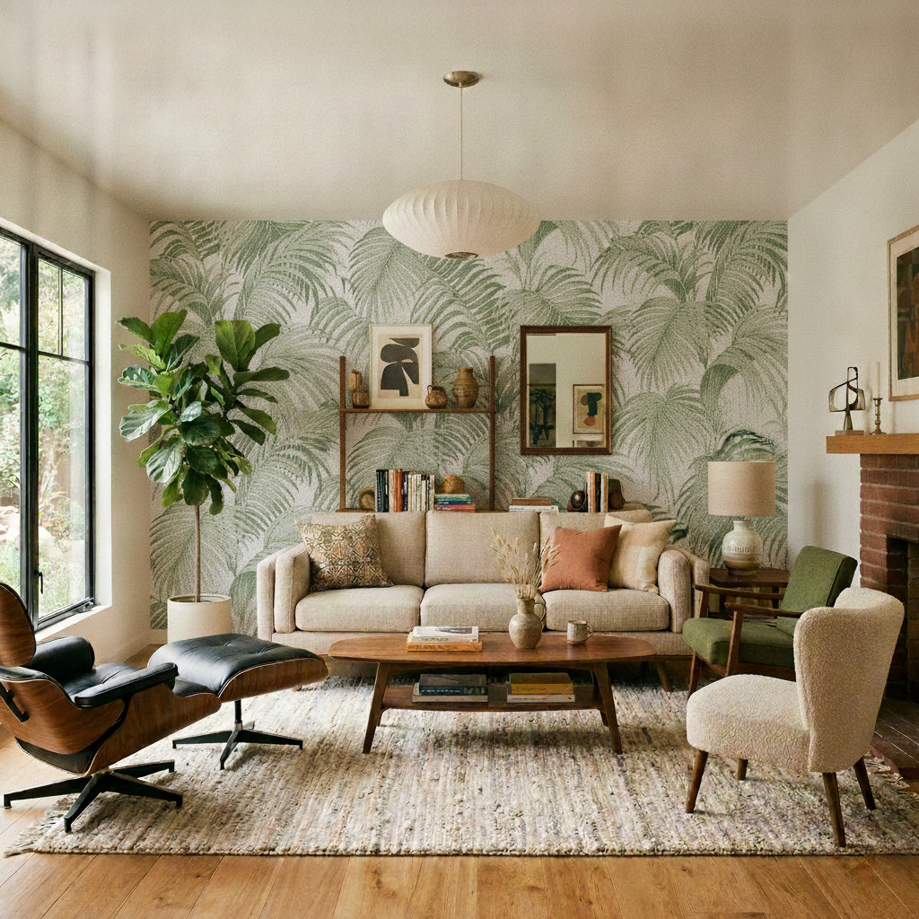Sculpted Tropical Leaf Wallpaper - Green room view