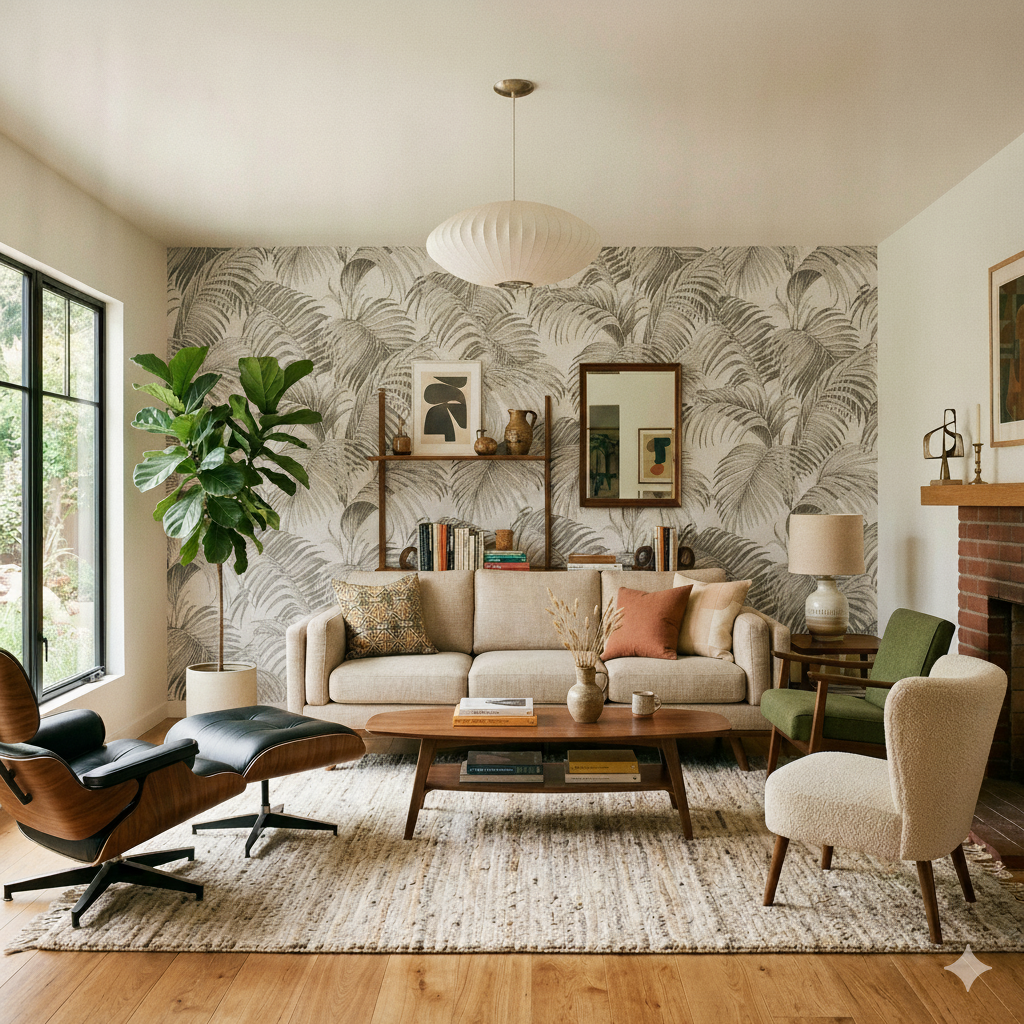 Sculpted Tropical Leaf Wallpaper - Warm Grey room view