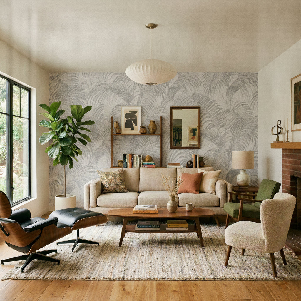 Sculpted Tropical Leaf Wallpaper - Light Grey room view