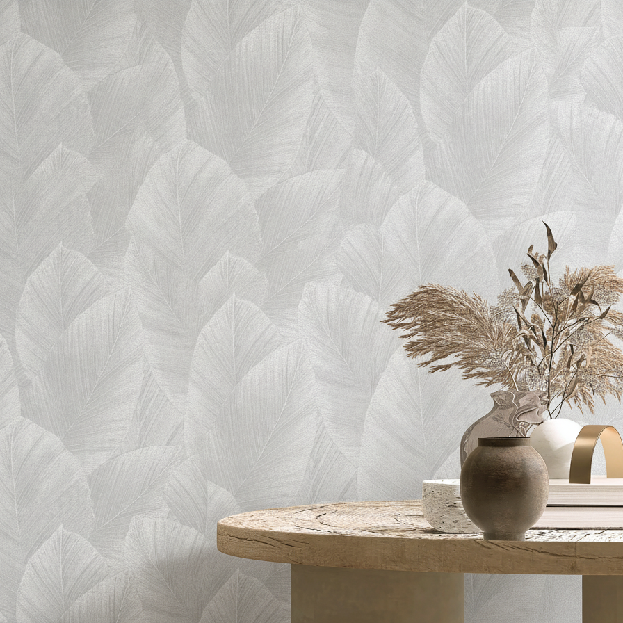 Etched Palm Canopy Wallpaper - Light Grey room view