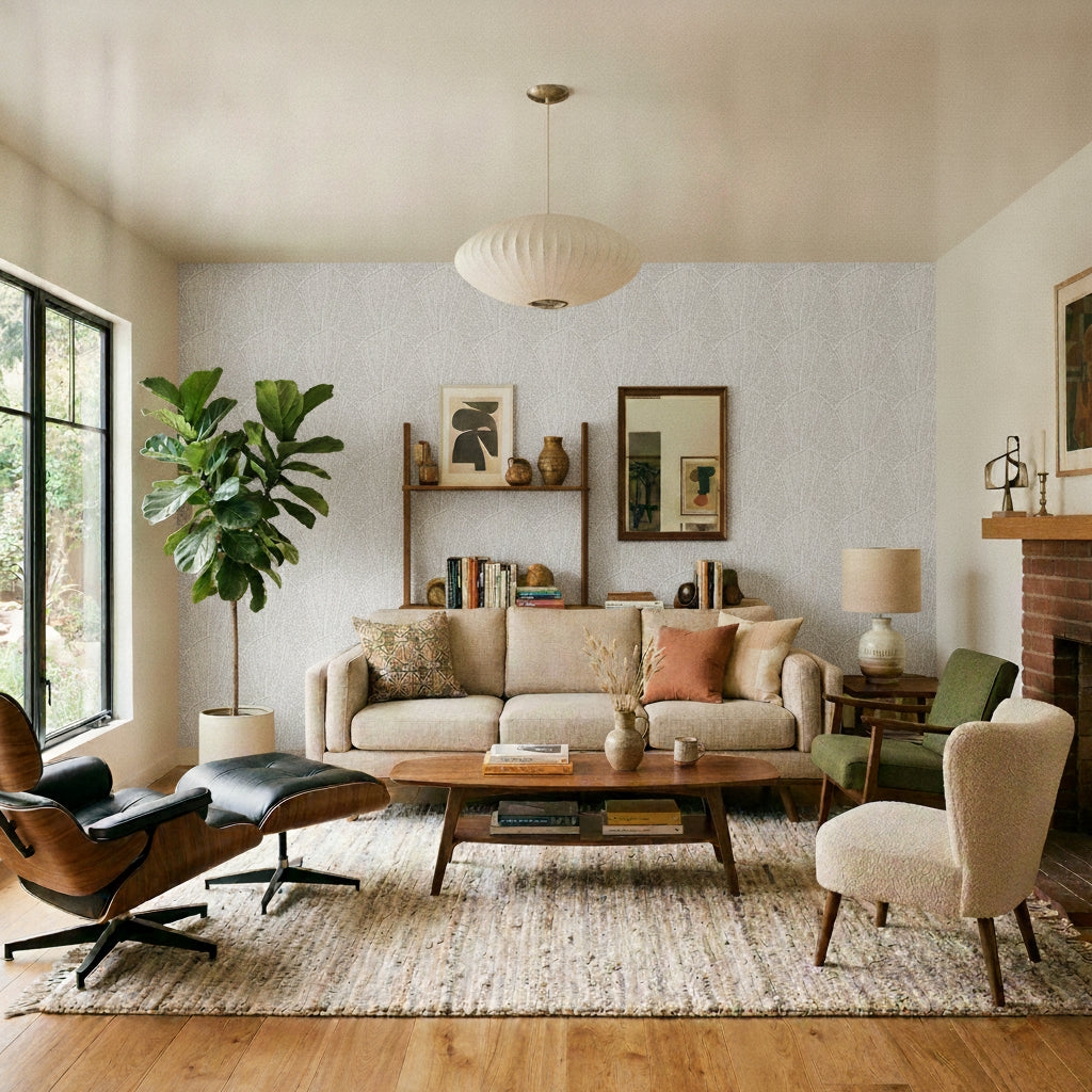 Sculpted Fan Leaf Wallpaper - Cream room view