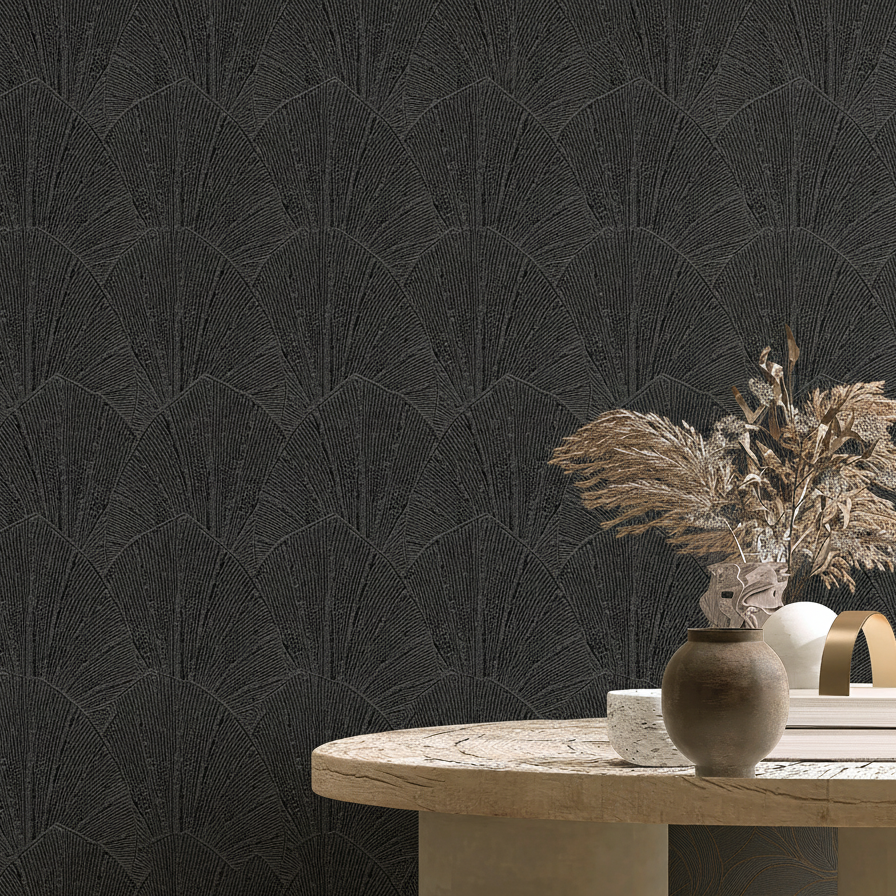 Sculpted Fan Leaf Wallpaper - Black room view
