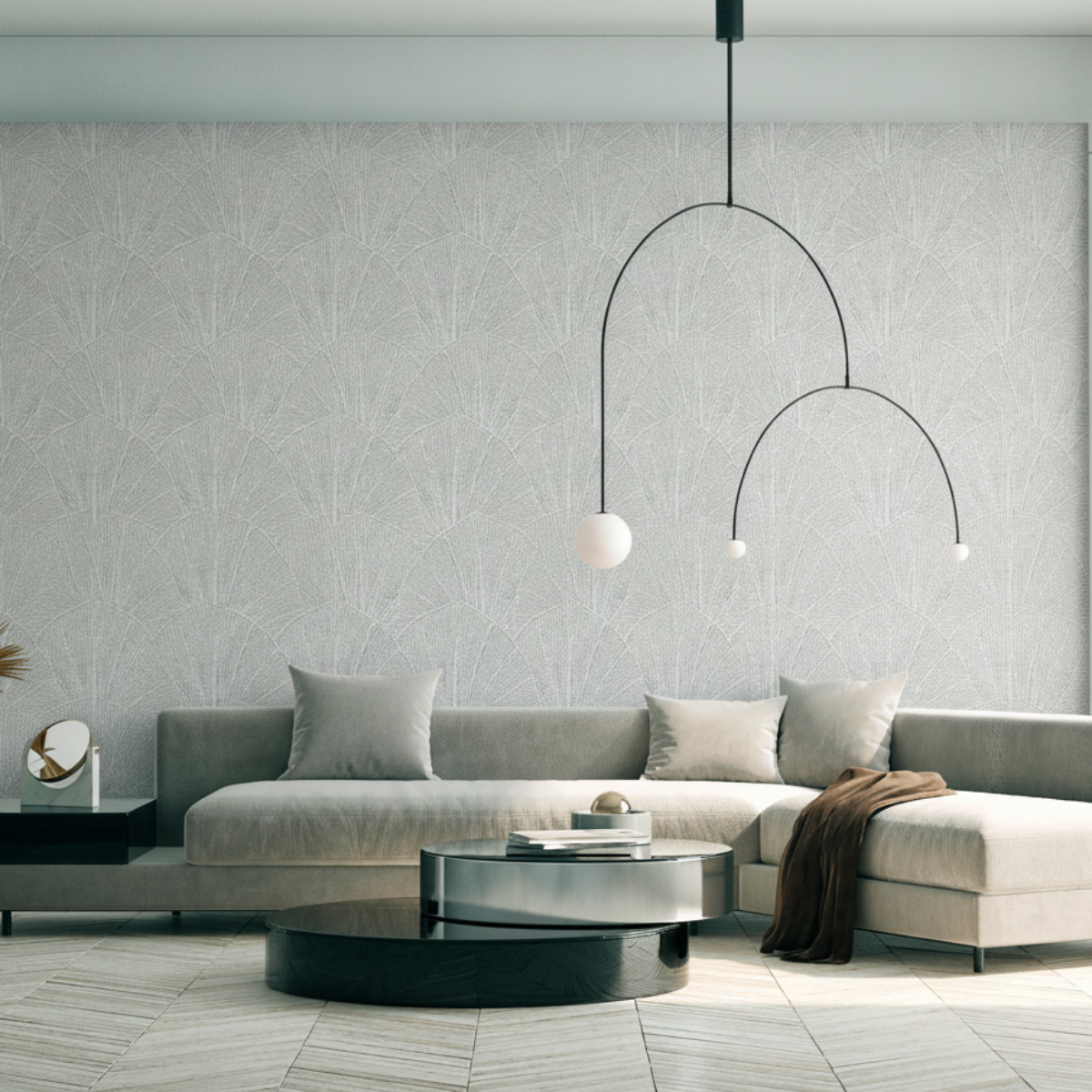 Sculpted Fan Leaf Wallpaper - Silver room view