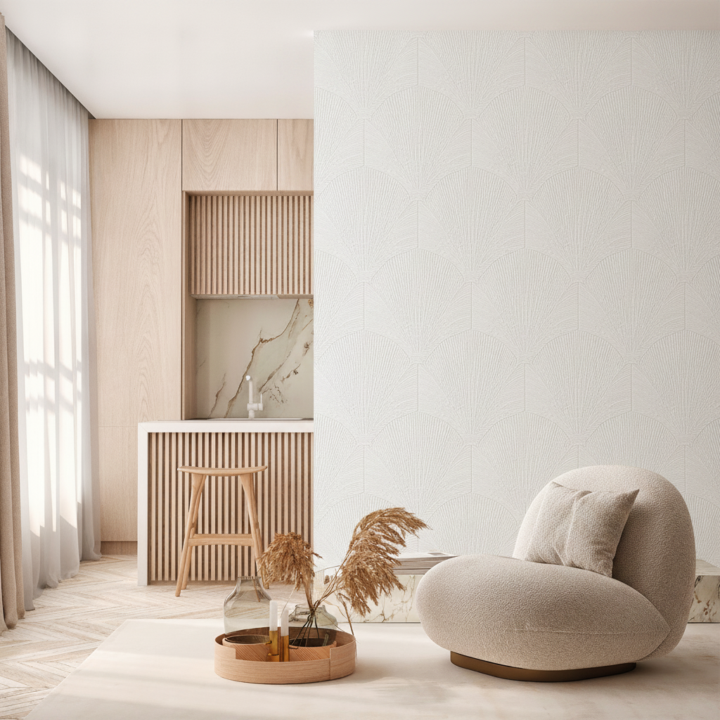 Sculpted Fan Leaf Wallpaper - Light Grey room view