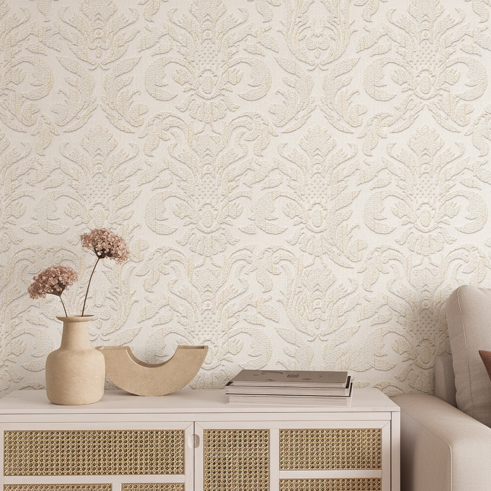 Sculpted Damask Wallpaper - Beige room view