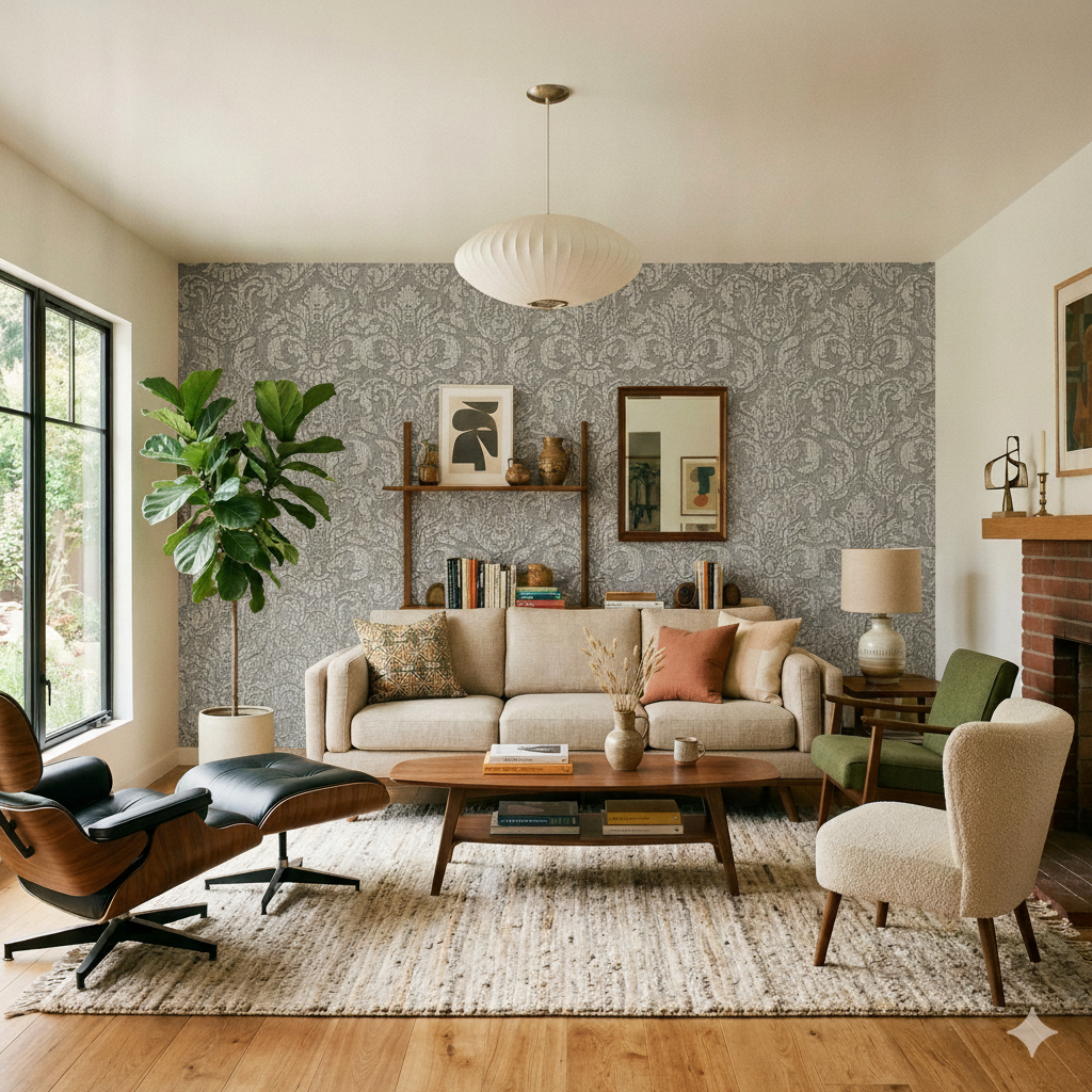 Sculpted Damask Wallpaper - Anthracite room view