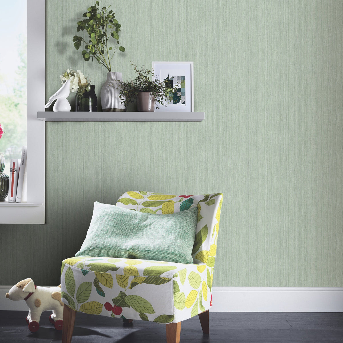 Fine Vertical Linen Texture Wallpaper - Green room view