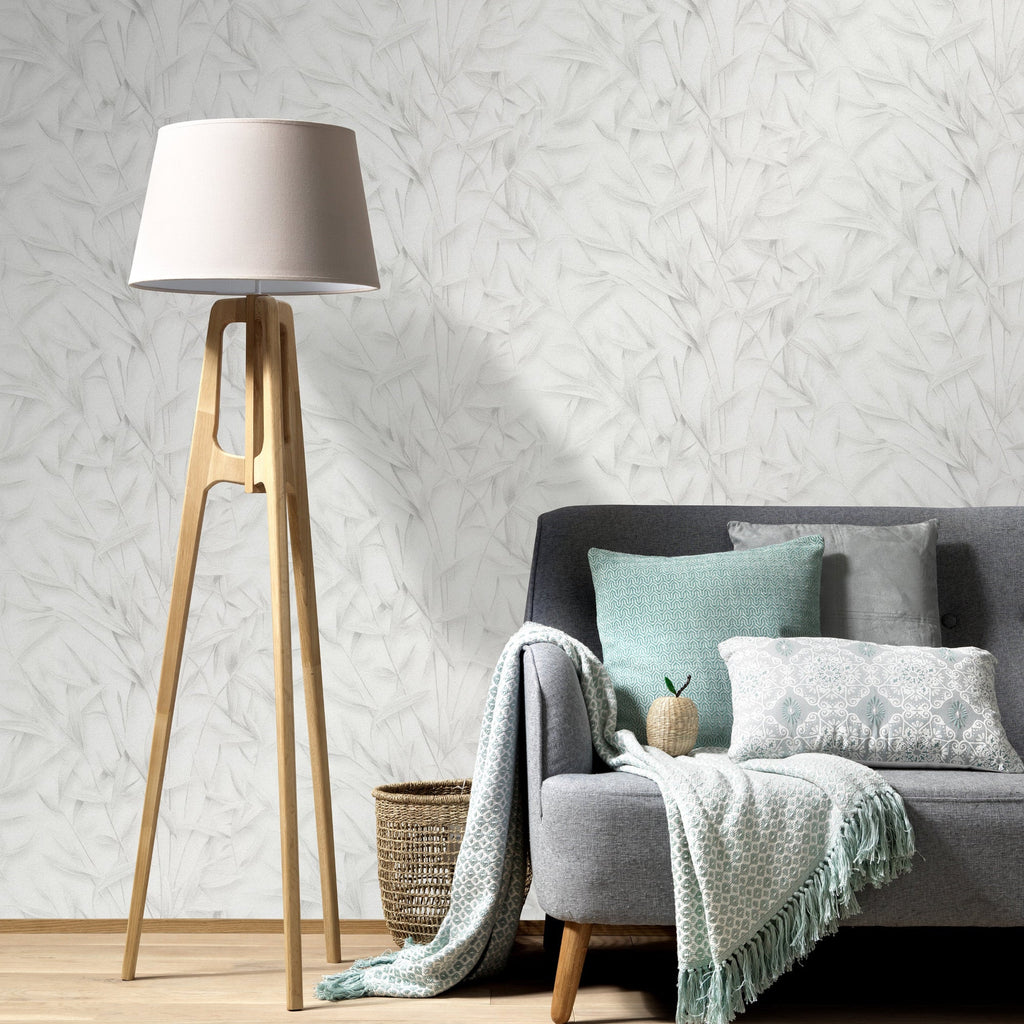 Sylvan Bamboo Fronds Wallpaper - Light Grey room view