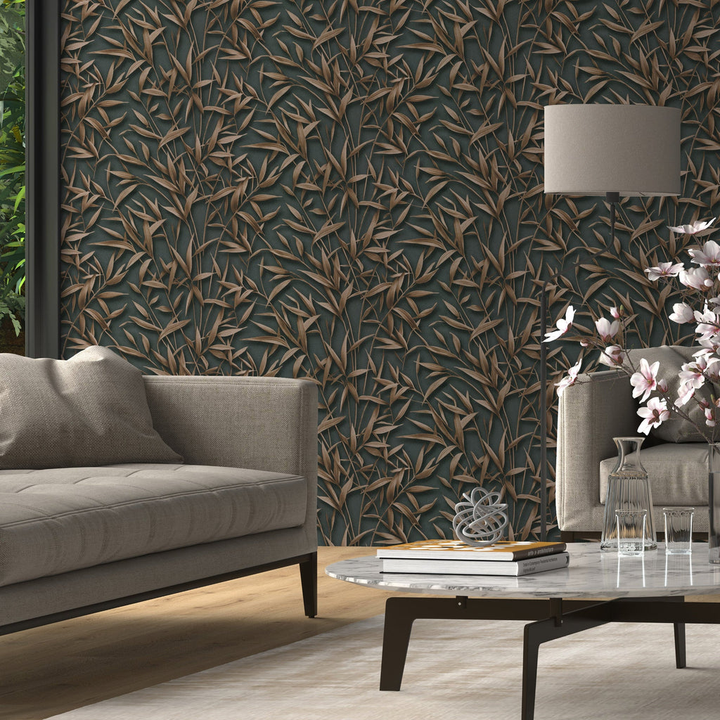 Sylvan Bamboo Fronds Wallpaper - Anthracite room view