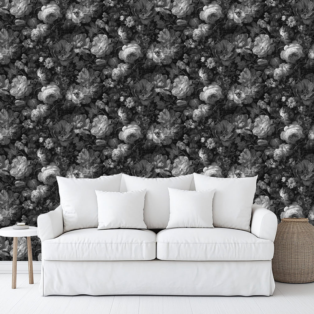Vintage Floral Peel & Stick Wallpaper - Black & White room view