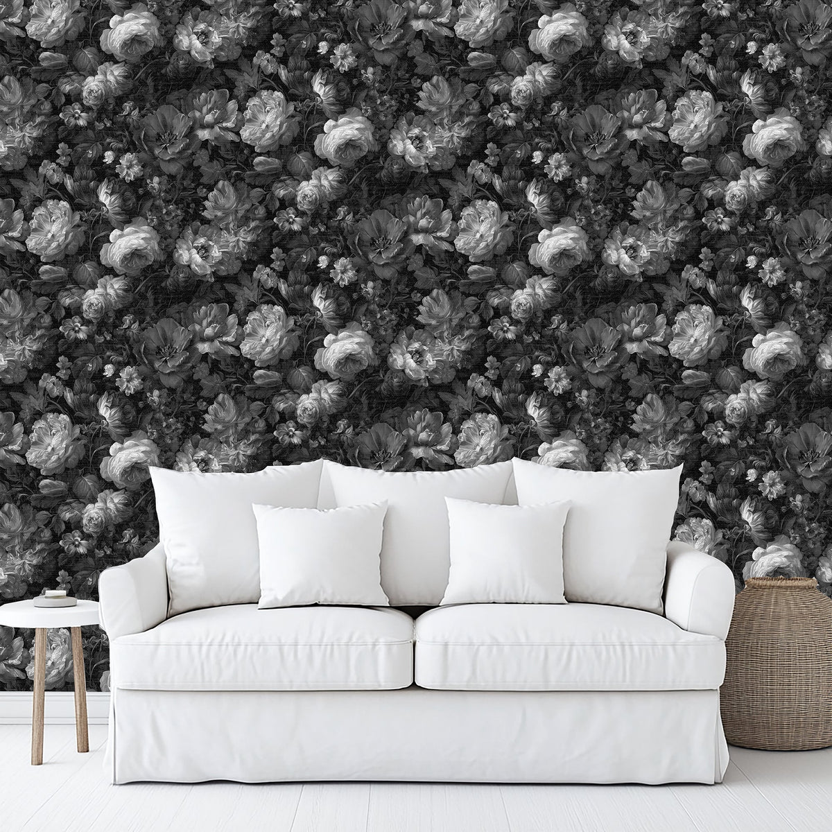 Vintage Floral Peel & Stick Wallpaper - Black & White room view