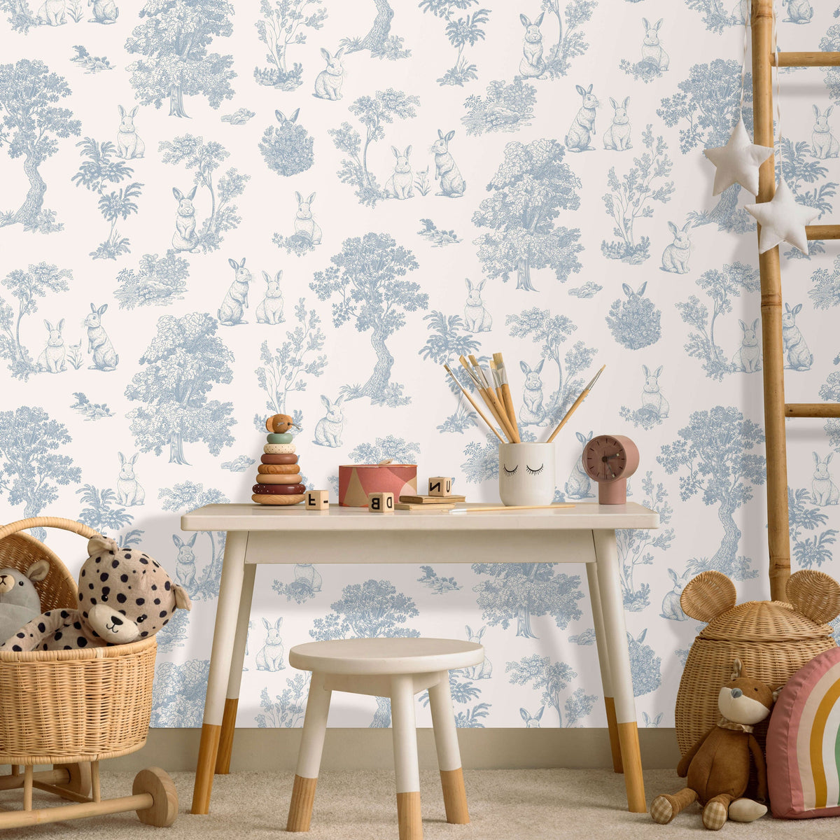 Cottontails Bunny Toile Wallpaper - Blue room view